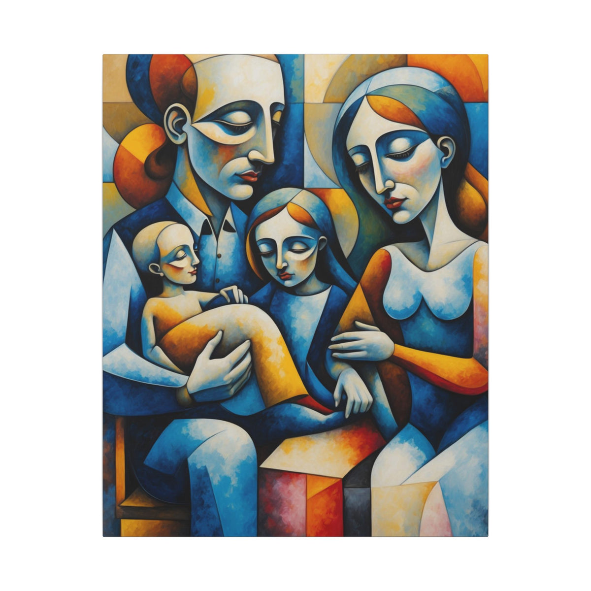 Stylized family portrait in rounded geometric shapes—figures in deep blue, cream, gold, amber, and warm red, overlapping closely