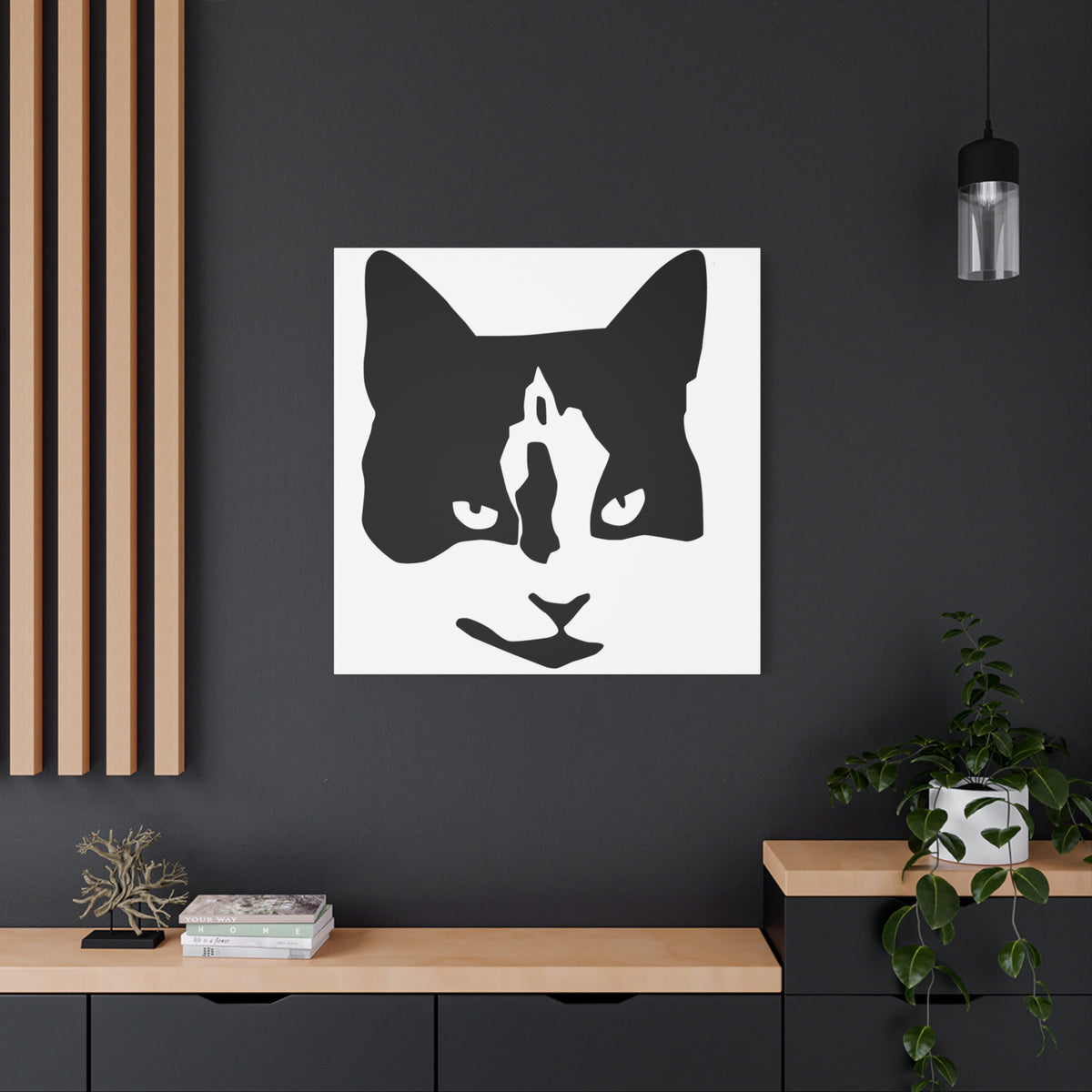 Black Mask – Minimal Black and White Abstract Cat Face Canvas Print