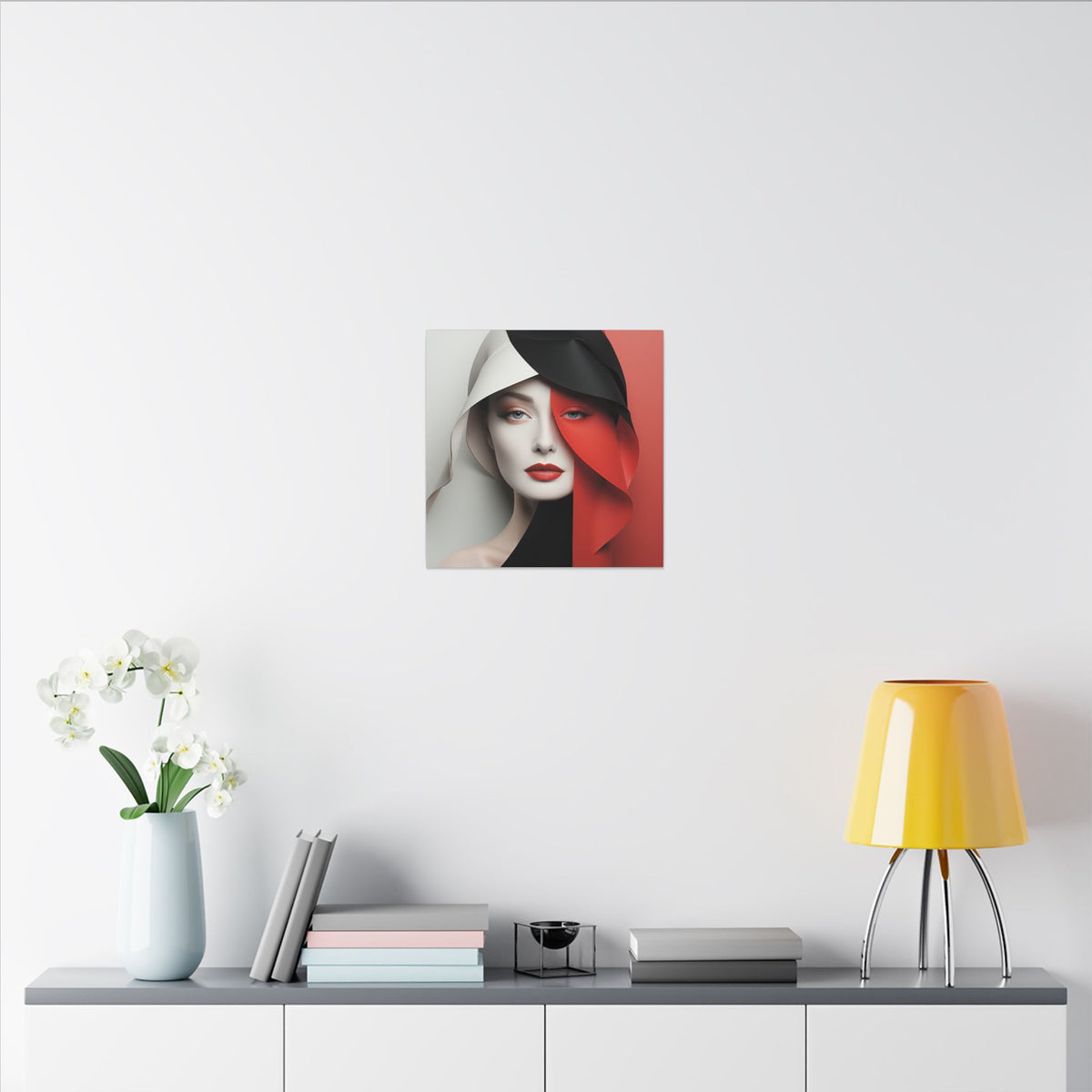 Split Poise – Modern Red Black Female Portrait Canvas Print