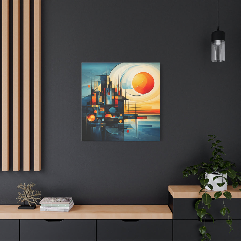 Sun Beyond Structure – Geometric Abstract Sunrise Canvas Print