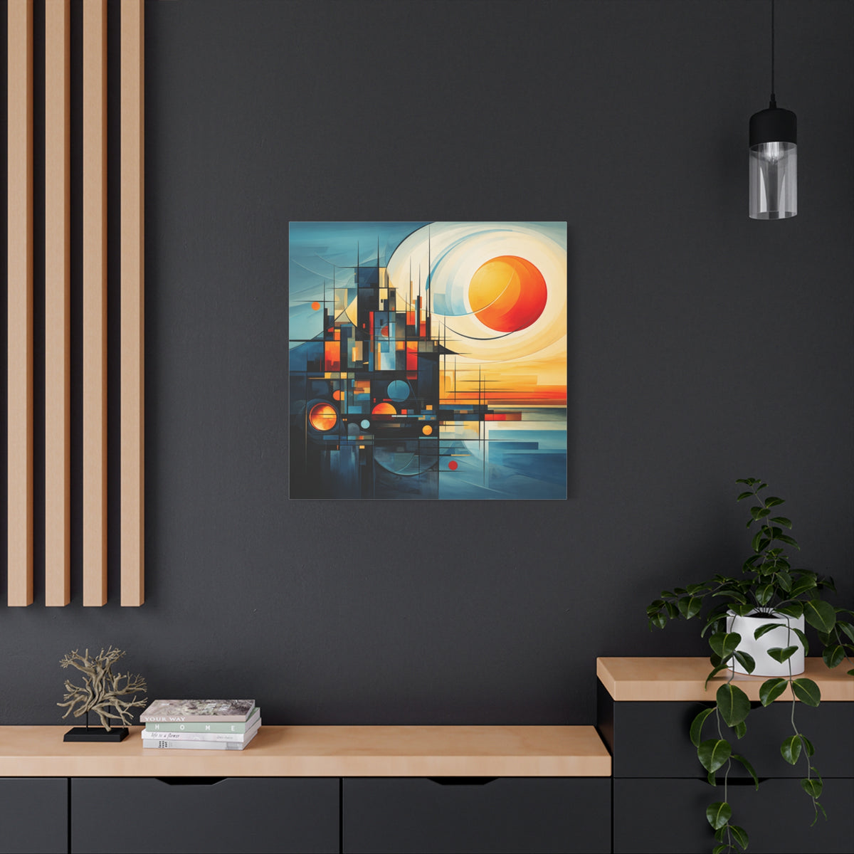 Sun Beyond Structure – Geometric Abstract Sunrise Canvas Print