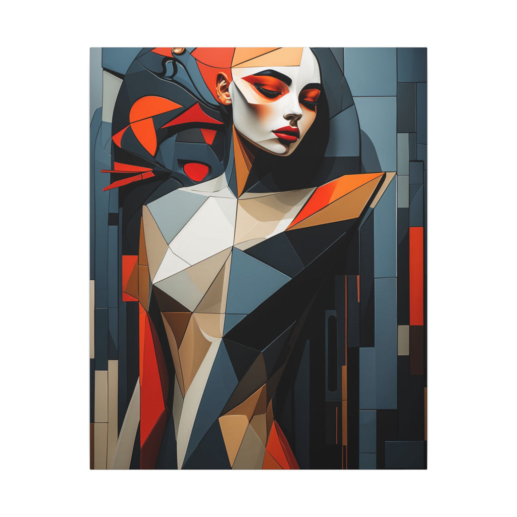 Stylized female portrait formed by layered geometric planes in slate blue, charcoal, cream, warm tan, black, and vivid orange with closed eyes
