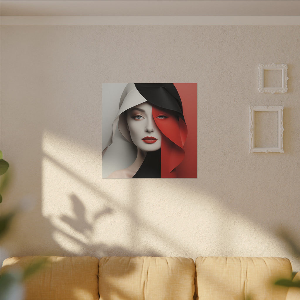 Split Poise – Modern Red Black Female Portrait Canvas Print