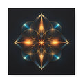 Radiant mandala of layered petal shapes radiating from a glowing center in gold, amber, teal, and electric blue against deep black