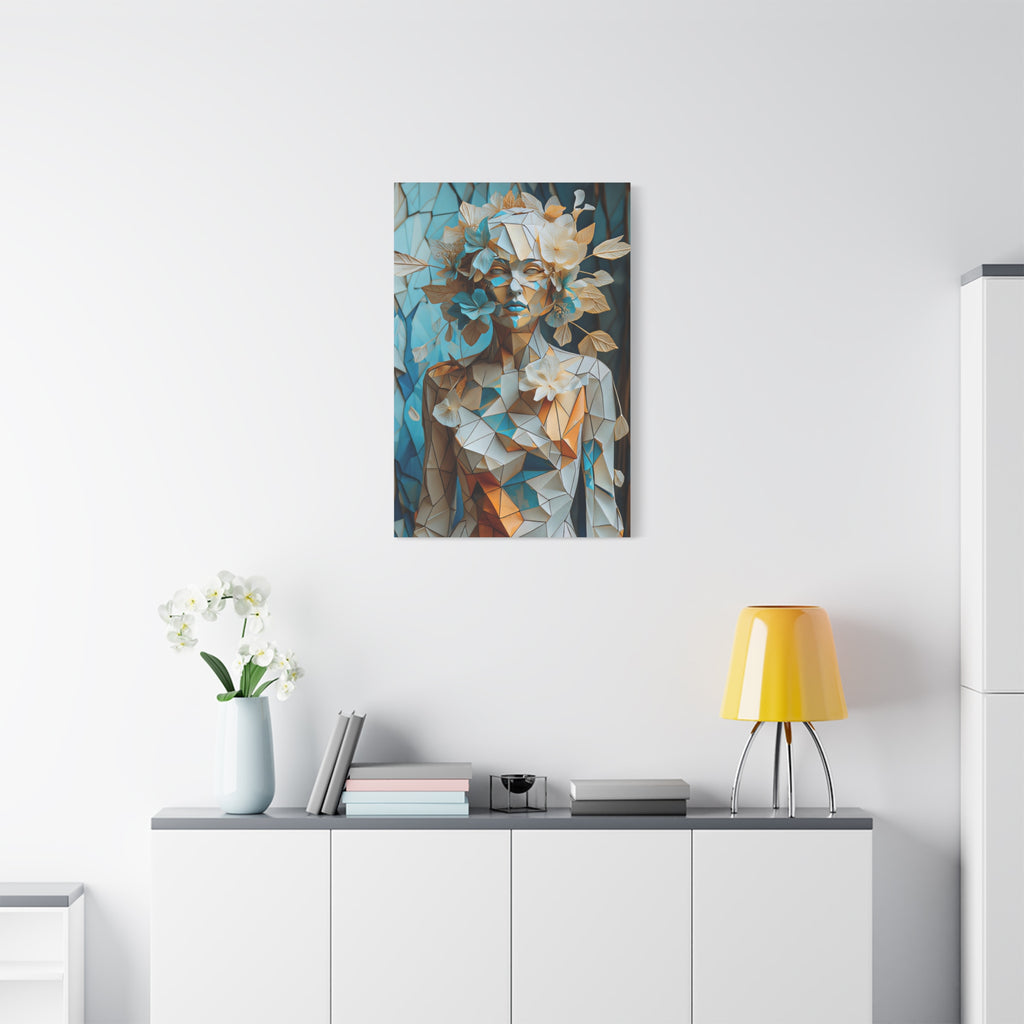 Blooming in Pieces — Geometric Floral Woman Portrait in Ivory, Turquoise & Gold