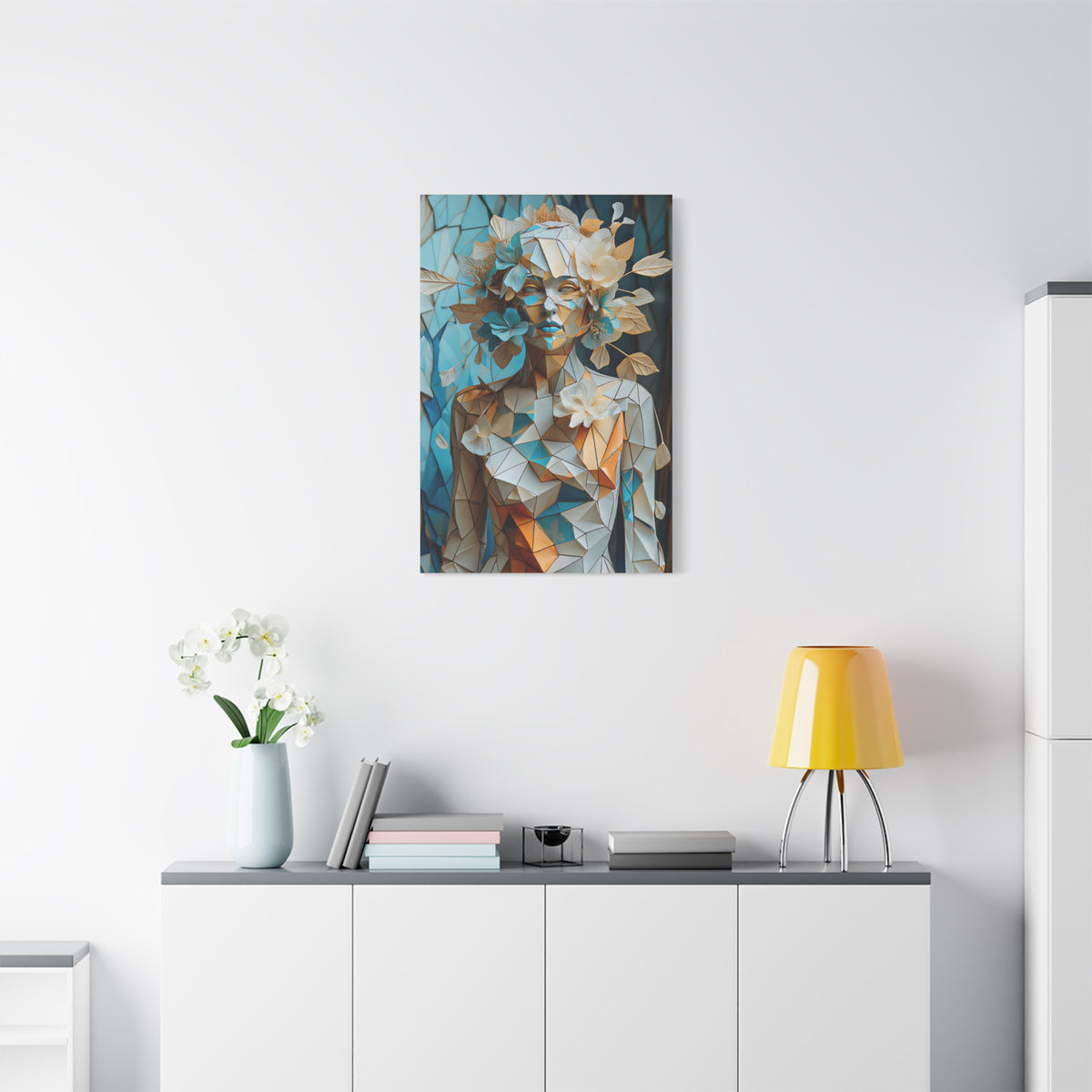 Blooming in Pieces — Geometric Floral Woman Portrait in Ivory, Turquoise & Gold