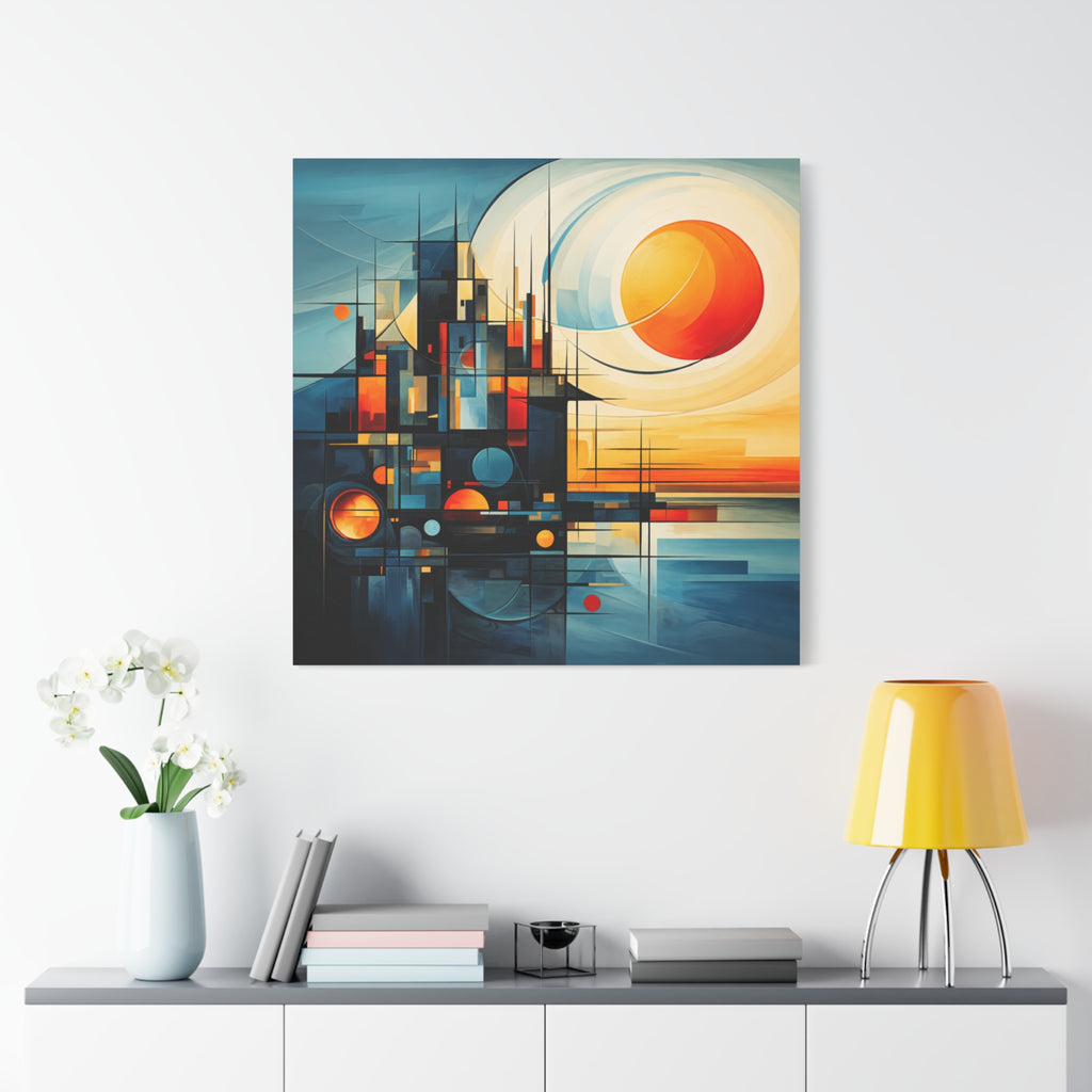 Sun Beyond Structure – Geometric Abstract Sunrise Canvas Print