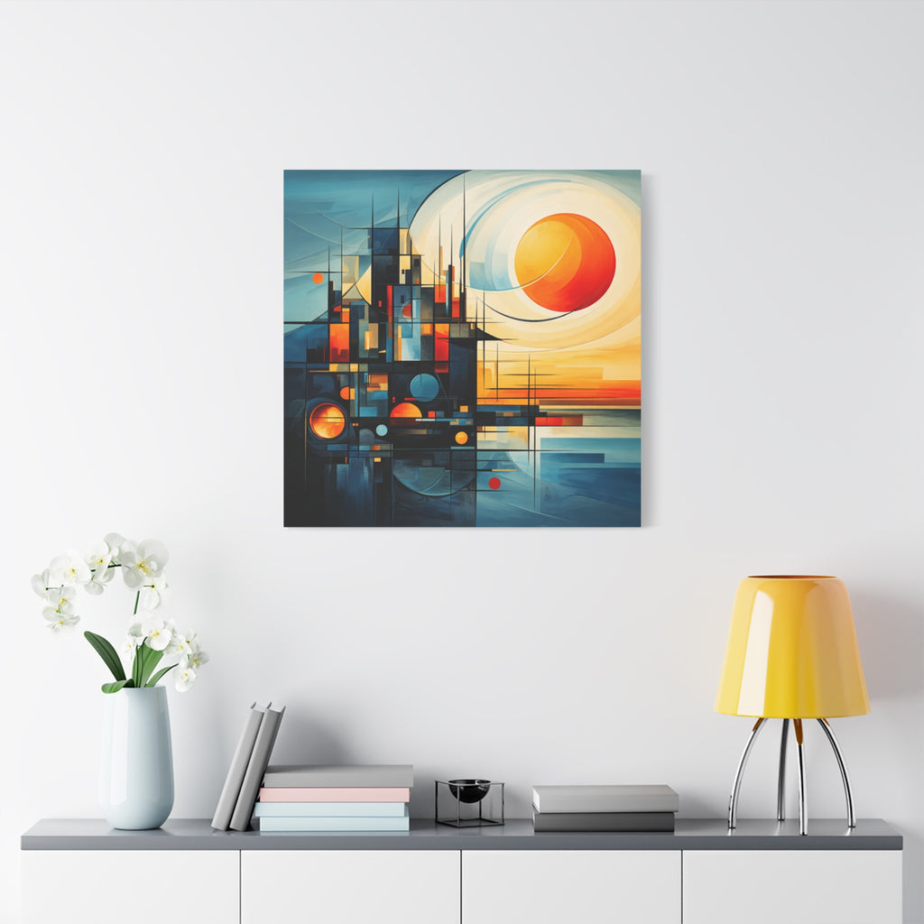 Sun Beyond Structure – Geometric Abstract Sunrise Canvas Print