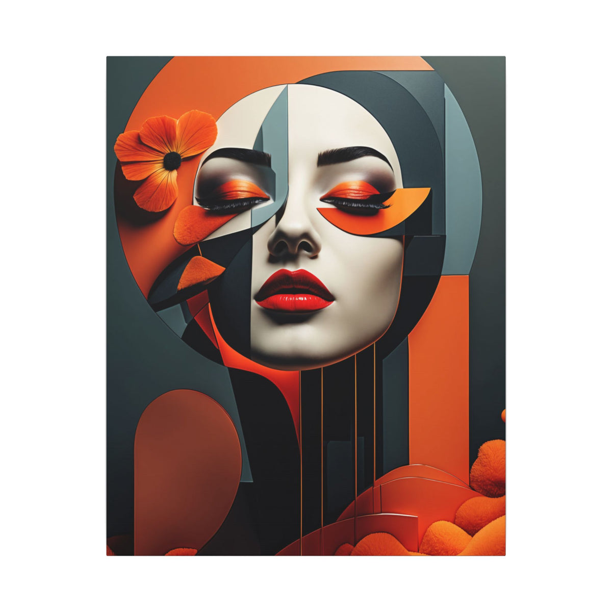 Serene female portrait formed from charcoal, teal, cream, orange and black geometric planes, softened by vivid orange blossoms