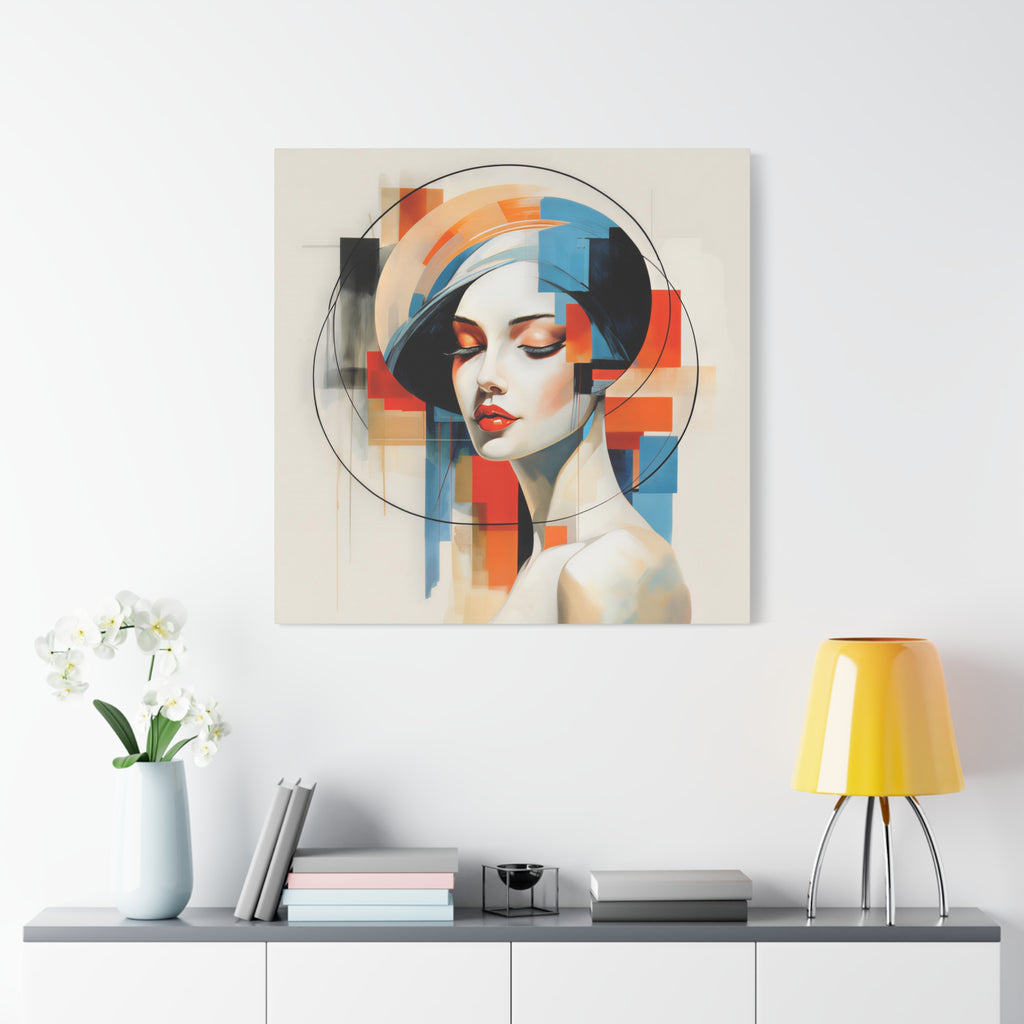 Perfectly Composed — Abstract Geometric Woman Portrait in Orange, Blue & Ivory