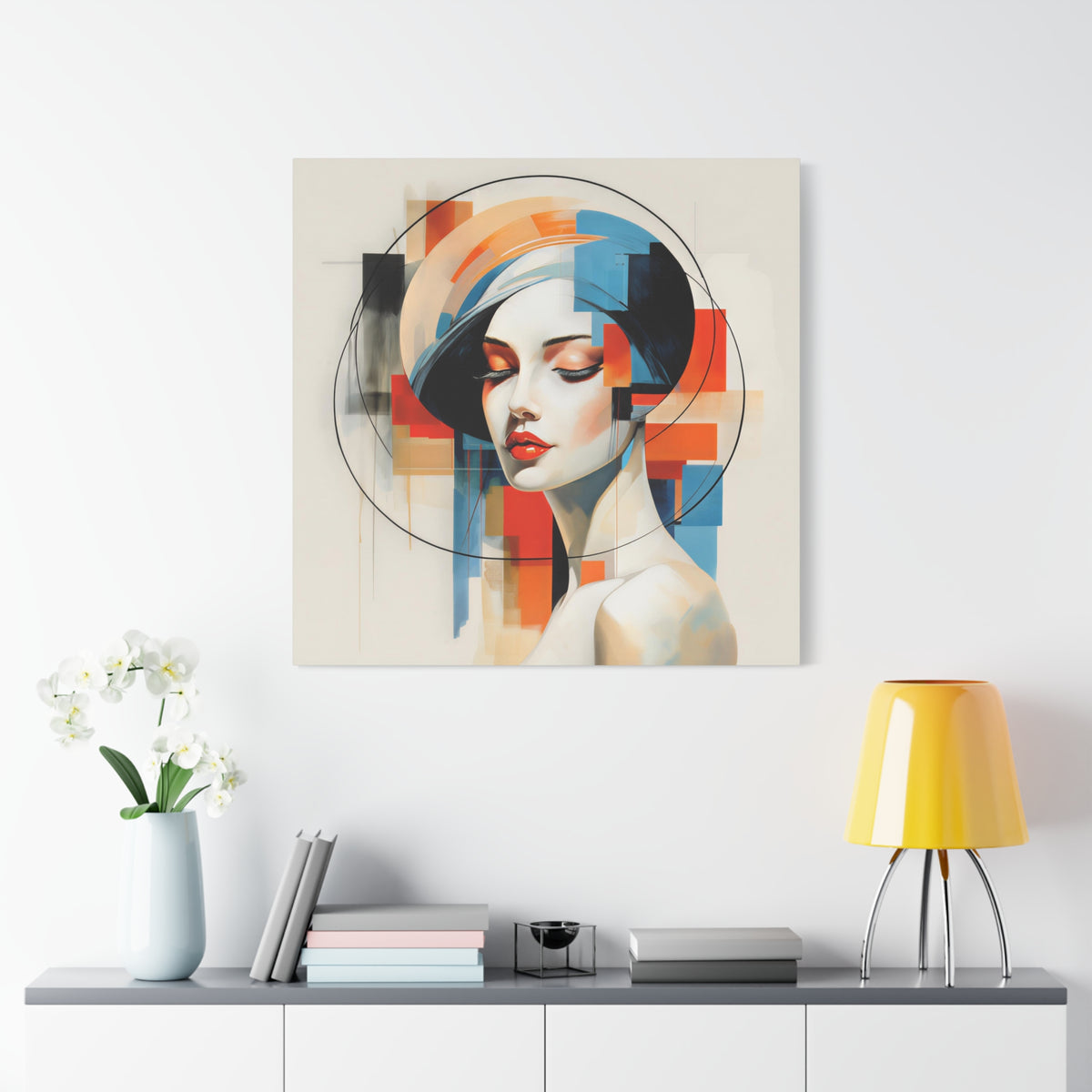 Perfectly Composed — Abstract Geometric Woman Portrait in Orange, Blue & Ivory