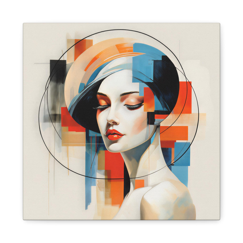 Central serene female portrait with closed eyes amid layered orange, blue, black and ivory geometric shapes and circular lines
