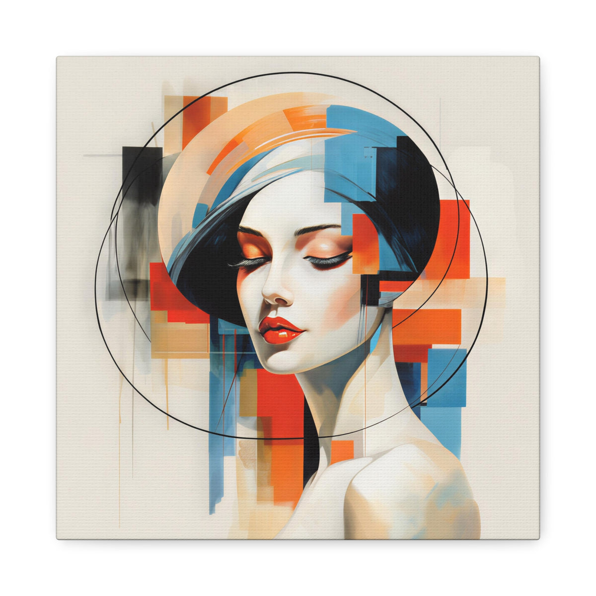 Central serene female portrait with closed eyes amid layered orange, blue, black and ivory geometric shapes and circular lines