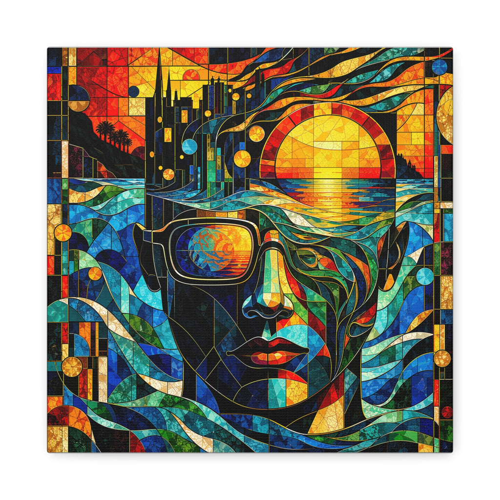 Stained-glass style portrait of a man with sunglasses reflecting a glowing sunset, jewel-toned geometric panes