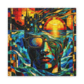 Stained-glass style portrait of a man with sunglasses reflecting a glowing sunset, jewel-toned geometric panes