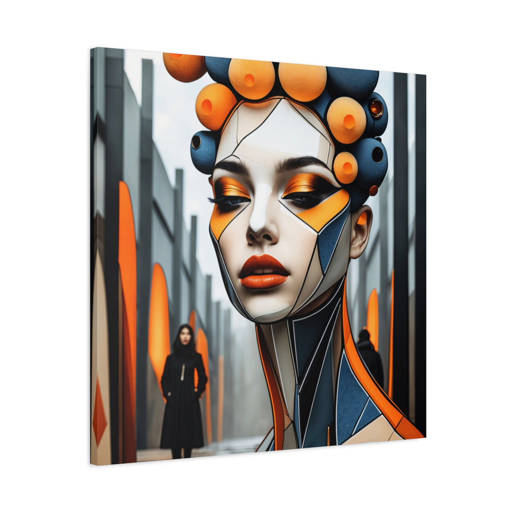 Future Icon — Futuristic Geometric Woman Portrait in Orange & Midnight Blue