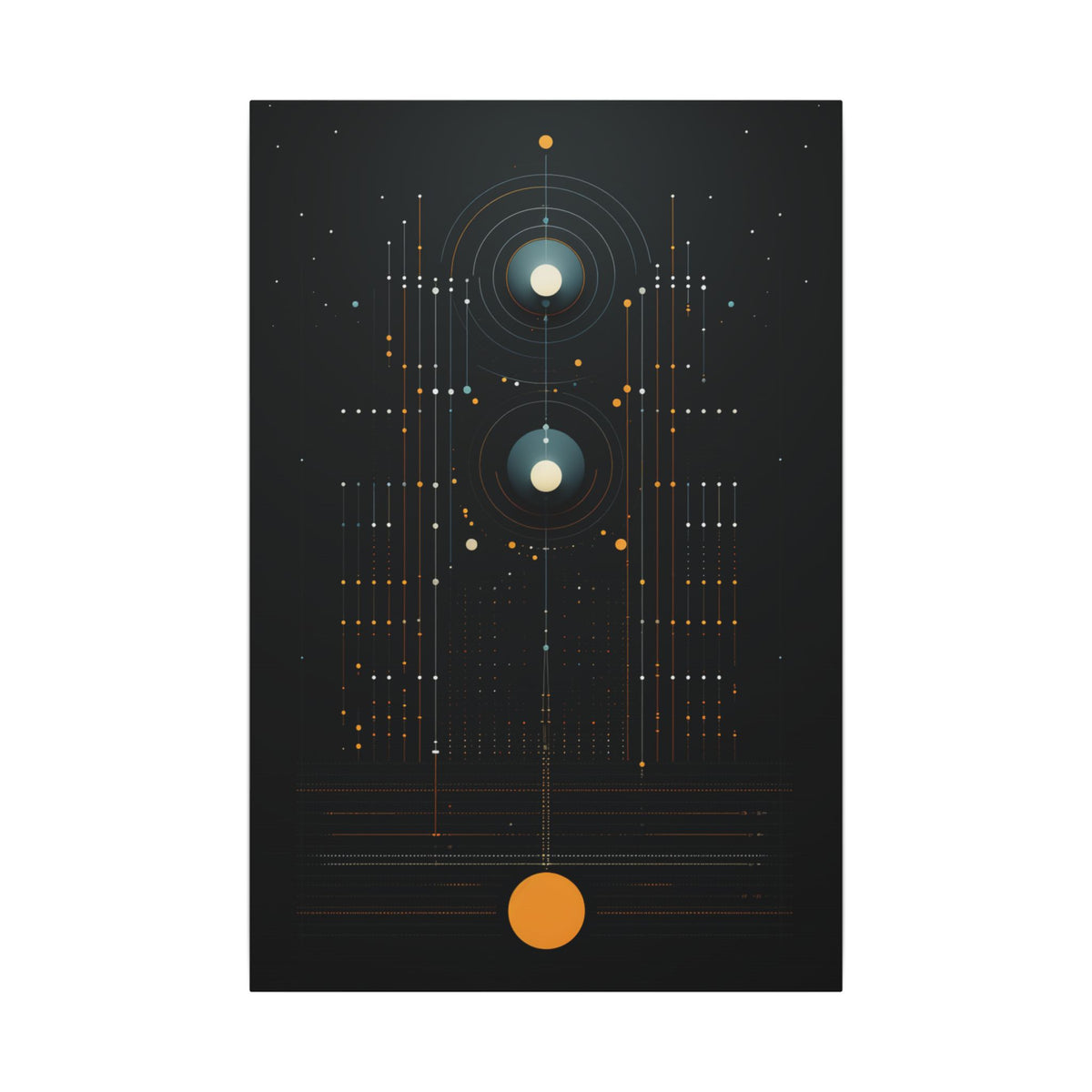 Symmetrical celestial abstraction on black background with concentric gold circles, vertical pathways, glowing ivory and teal spheres, and hundreds of fine gold and gray points