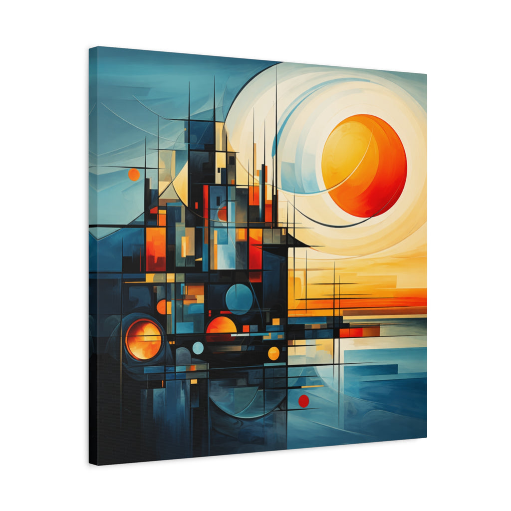 Sun Beyond Structure – Geometric Abstract Sunrise Canvas Print