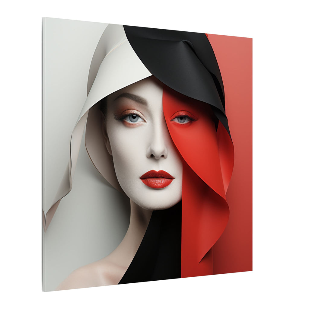 Split Poise – Modern Red Black Female Portrait Canvas Print