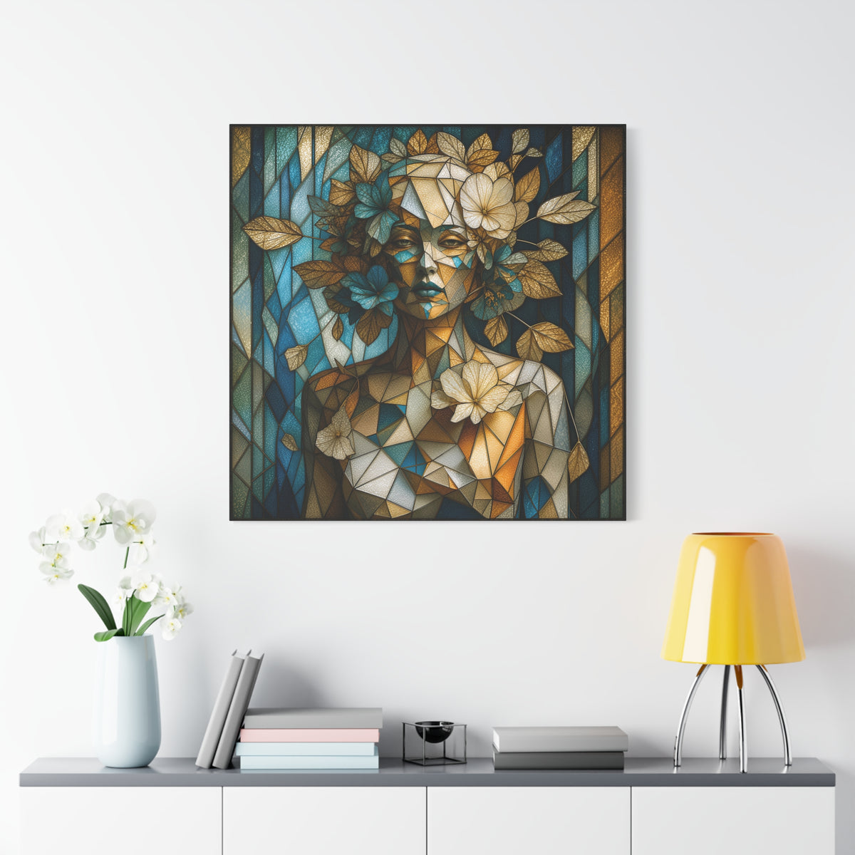Where She Blooms — Modern Floral Stained Glass Woman Wall Art