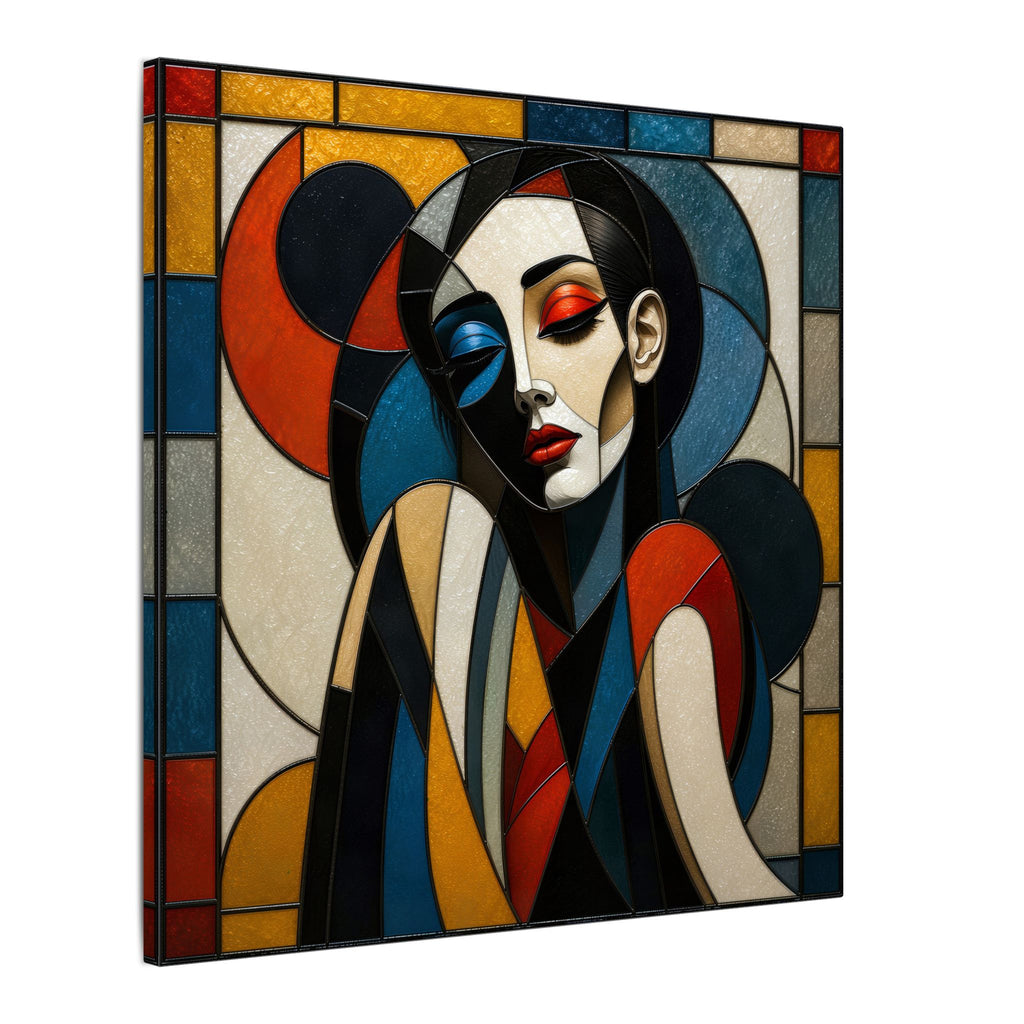 Split Between Colors – Geometric Stained Glass Woman Portrait Canvas Print