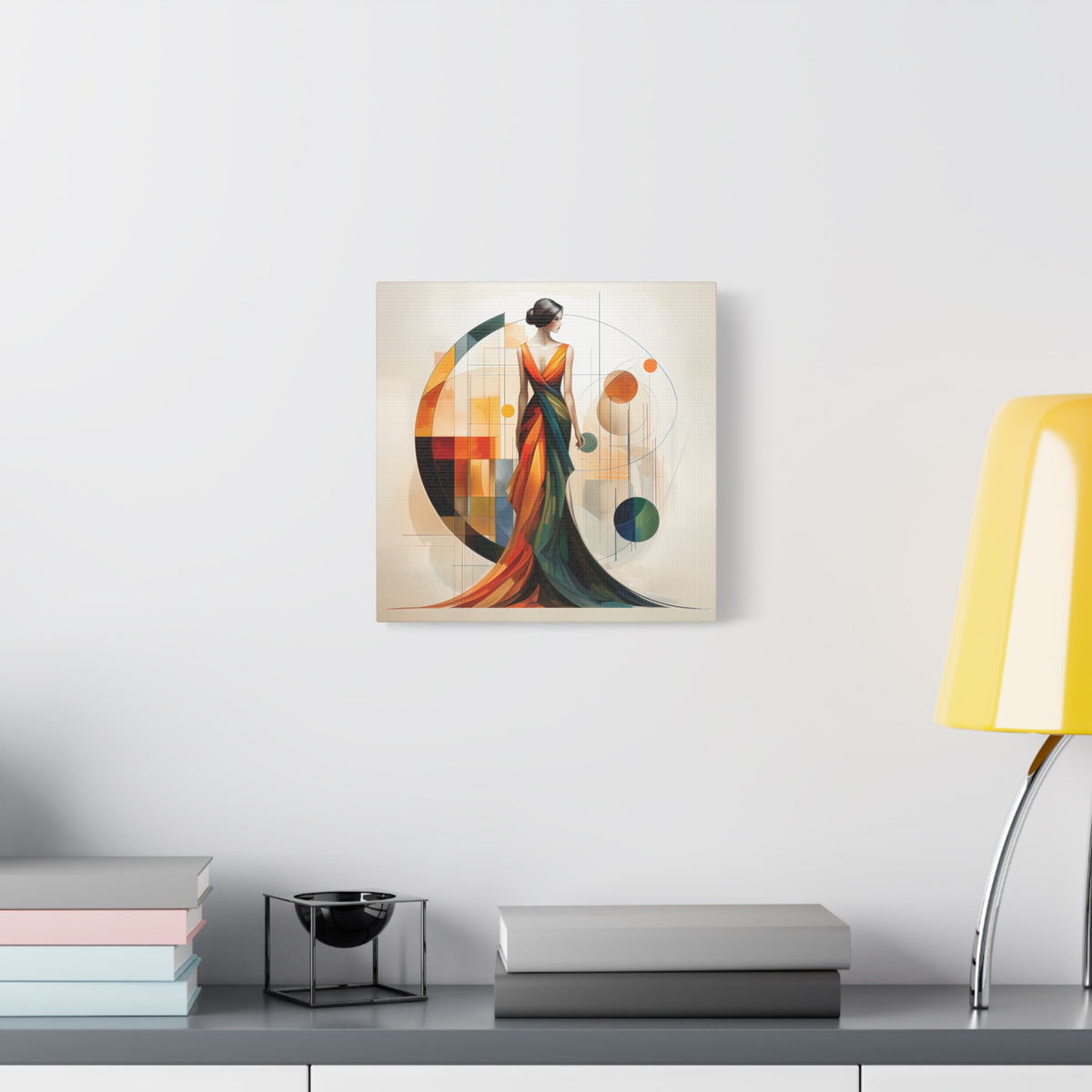 Chromatic Elegance — Abstract Geometric Fashion Portrait in a Flowing Couture Gown