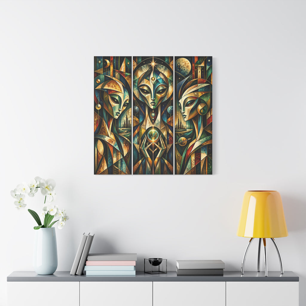 Keepers of the Celestial Gate — Futuristic Geometric Triptych Wall Art