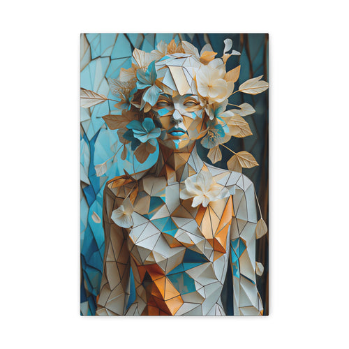 Geometric female portrait formed from angular ivory, turquoise, gold and amber shards, softened by delicate flowers and leaves