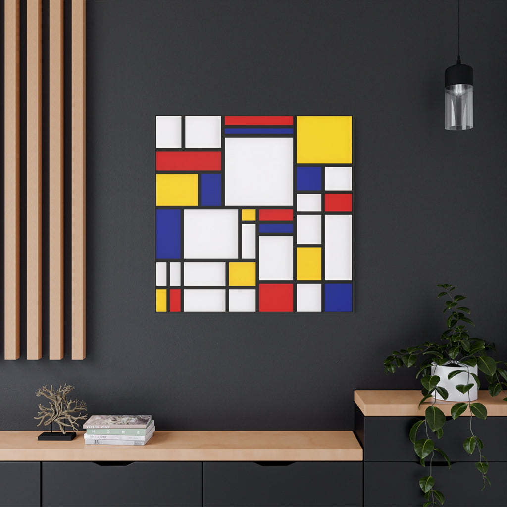 Abstract Geometric Canvas Art – Red, Blue & Yellow Stretched Print