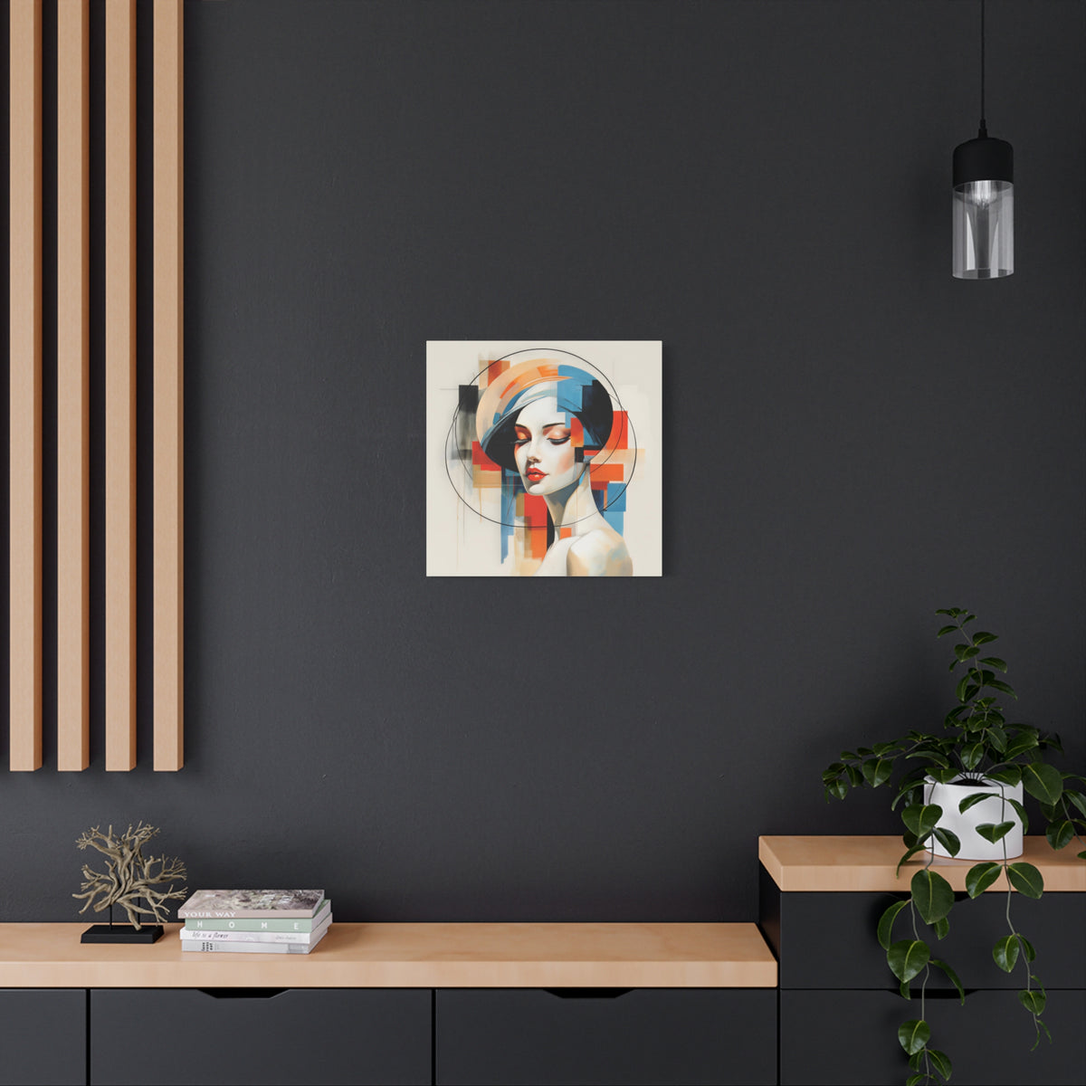 Perfectly Composed — Abstract Geometric Woman Portrait in Orange, Blue & Ivory