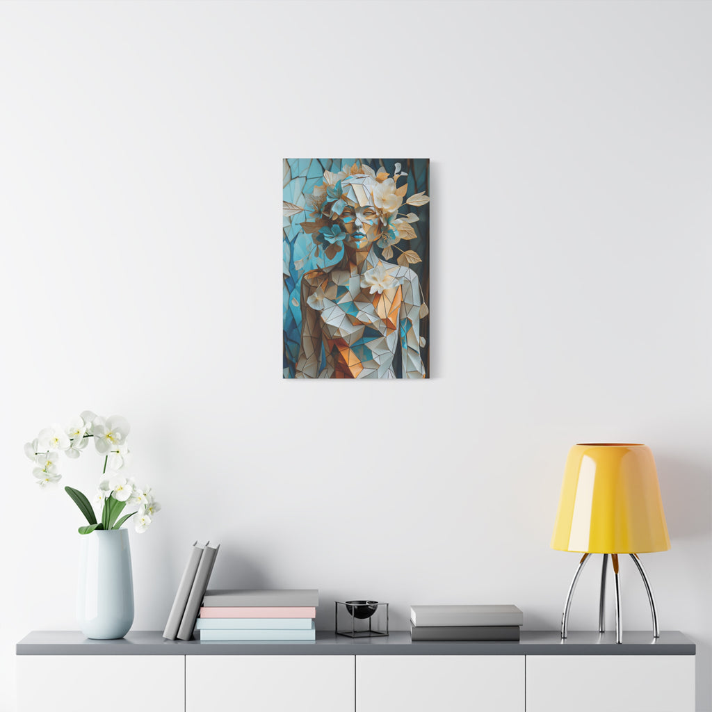 Blooming in Pieces — Geometric Floral Woman Portrait in Ivory, Turquoise & Gold