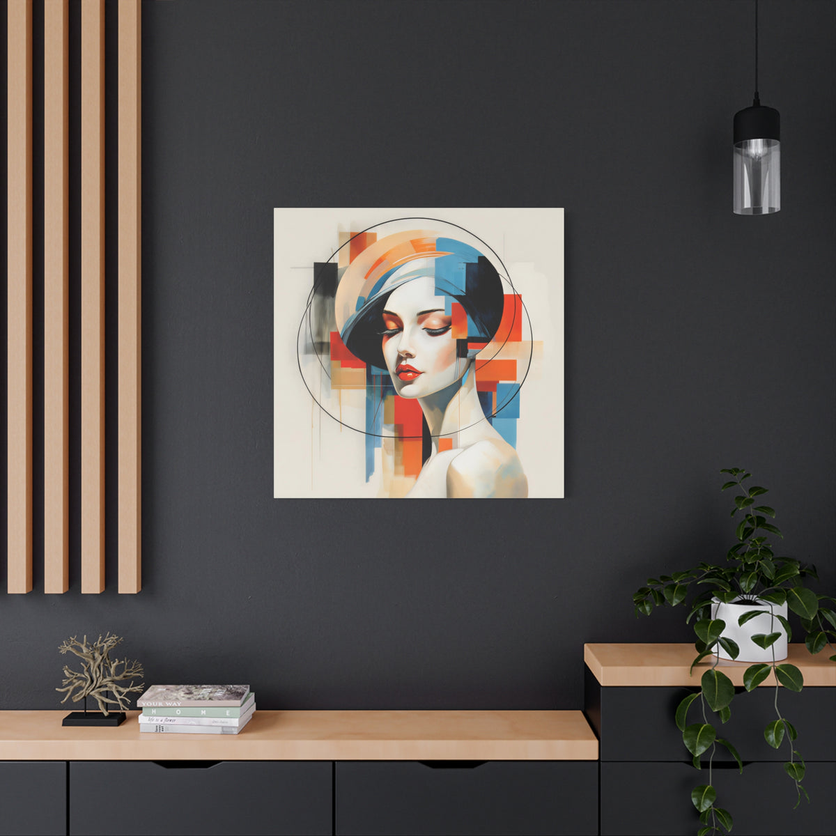 Perfectly Composed — Abstract Geometric Woman Portrait in Orange, Blue & Ivory