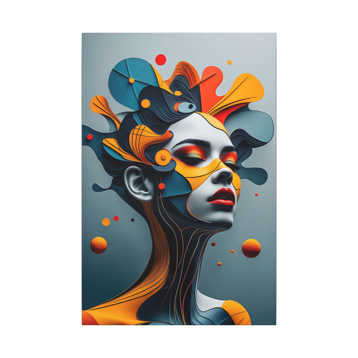 Stylized futurist female portrait in layered geometric headpiece of arcs and circles, calm face in deep blue, orange, gray, cream, and red palette.