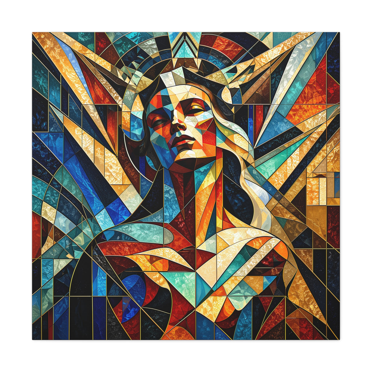 Built Like a Myth – Geometric Figurative Stained Glass Portrait Canvas Print