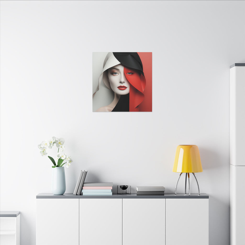 Split Poise – Modern Red Black Female Portrait Canvas Print