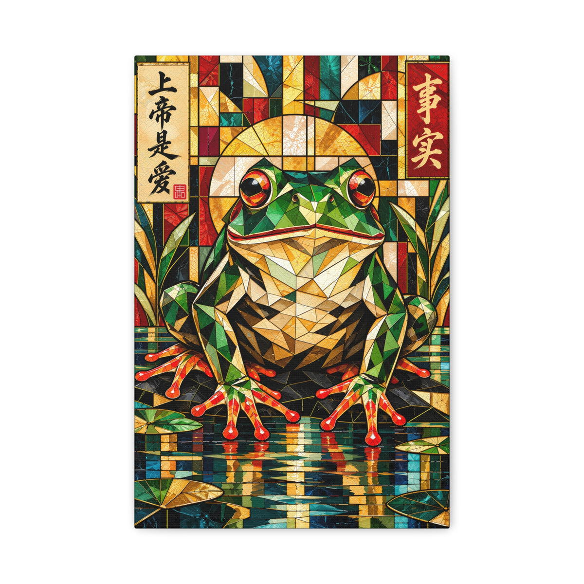 Cubist stained-glass-style frog portrait in emerald, red, black, and gold, flanked by Chinese calligraphy and a red seal
