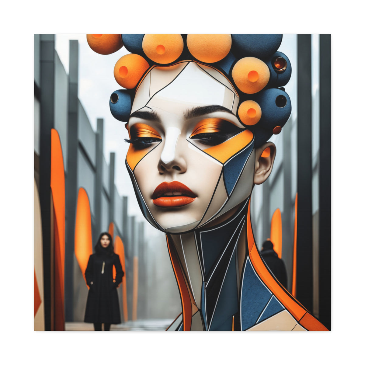 Future Icon — Futuristic Geometric Woman Portrait in Orange & Midnight Blue
