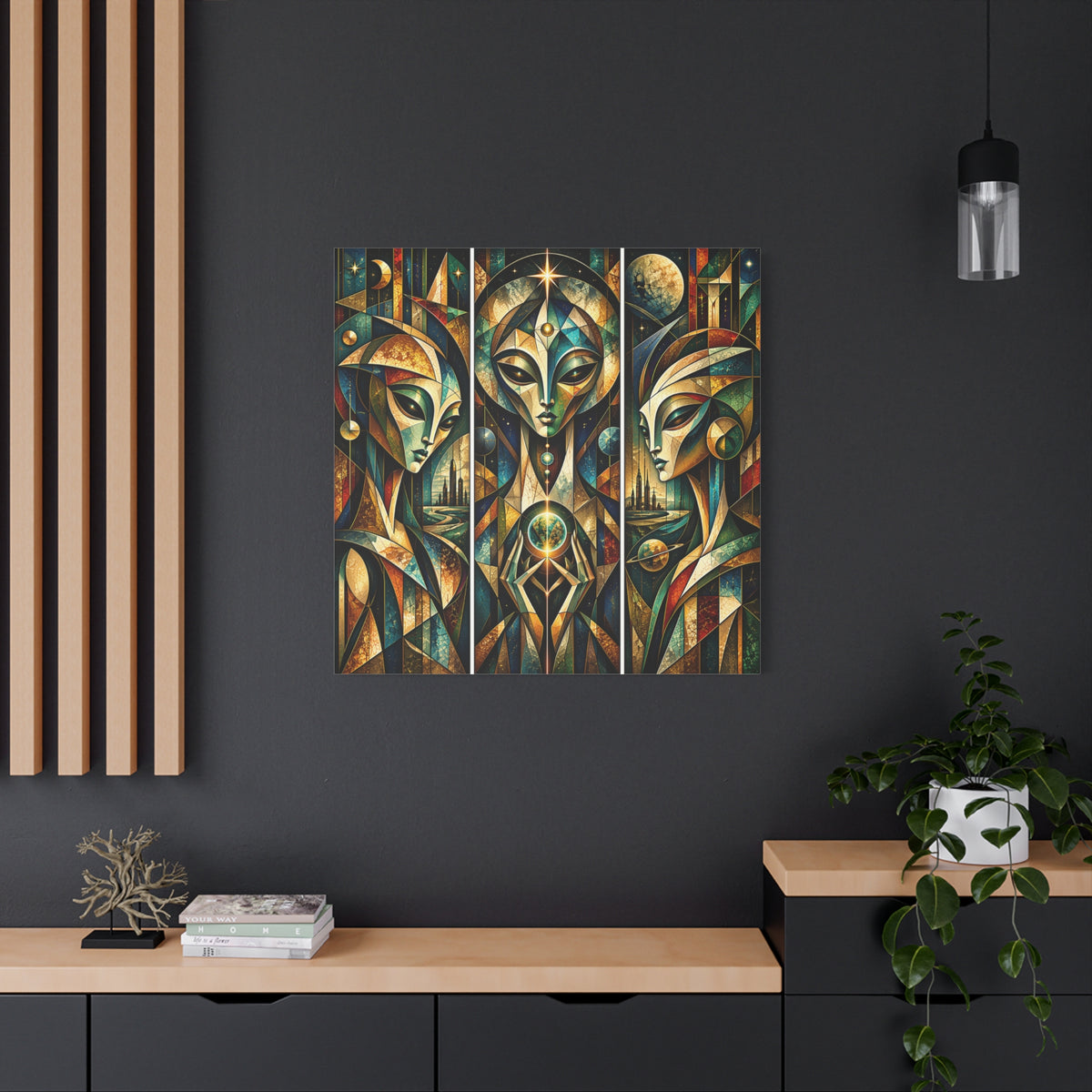 Keepers of the Celestial Gate — Futuristic Geometric Triptych Wall Art