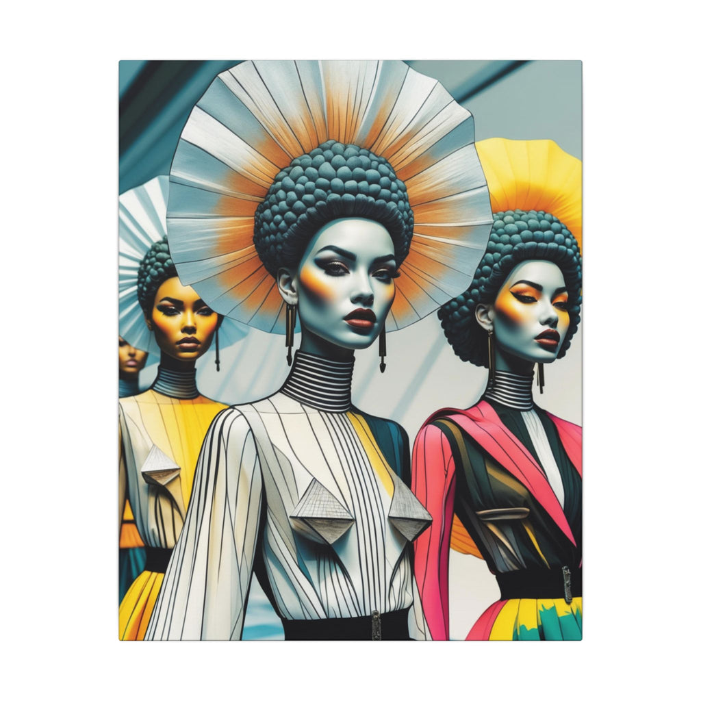 Three symmetrical, elongated figures in architectural teal, cream, yellow and coral garments with halo-like headpieces against a clean backdrop