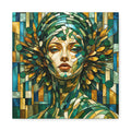 Stained-glass-inspired portrait of a poised woman framed by a crown of leaves, in emerald, teal, turquoise, cream, and gold geometric mosaic