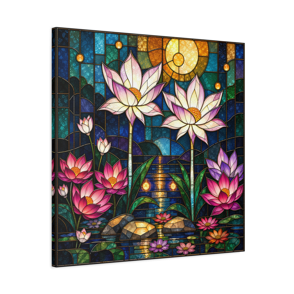 Moonlit Lotus Sanctuary — Stained Glass Floral Garden Wall Art