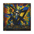 Stylized DJ silhouette behind turntables amid fractured stained-glass shards and radiating yellow, blue, orange, green, and black geometry
