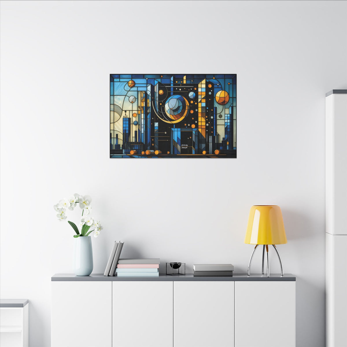 Celestial City – Futurist Stained Glass Geometric Cityscape Canvas Print