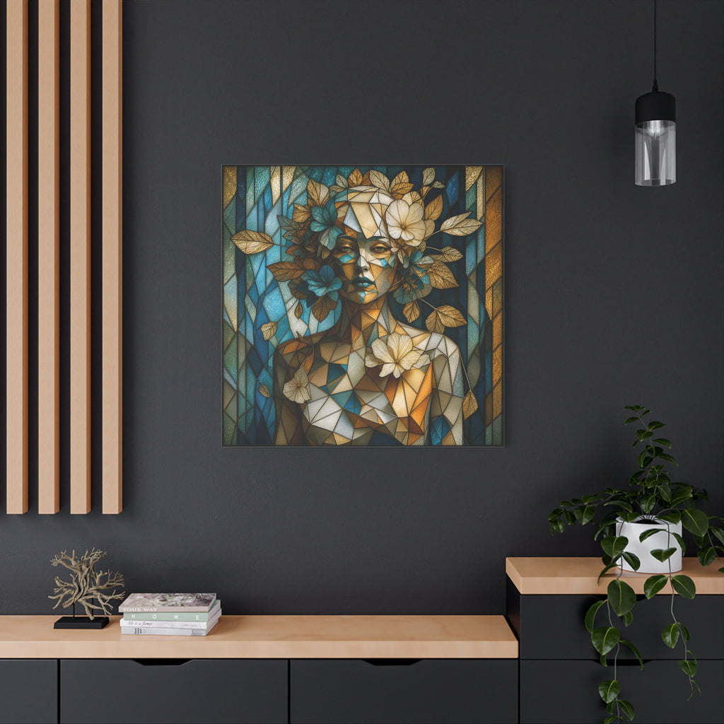 Where She Blooms — Modern Floral Stained Glass Woman Wall Art