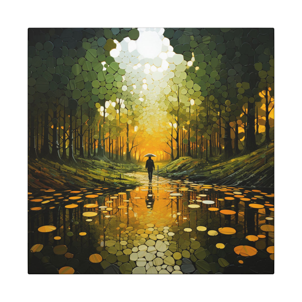 Solitary figure walking a glowing gold path through an abstract forest of deep greens and mosaic-like textures