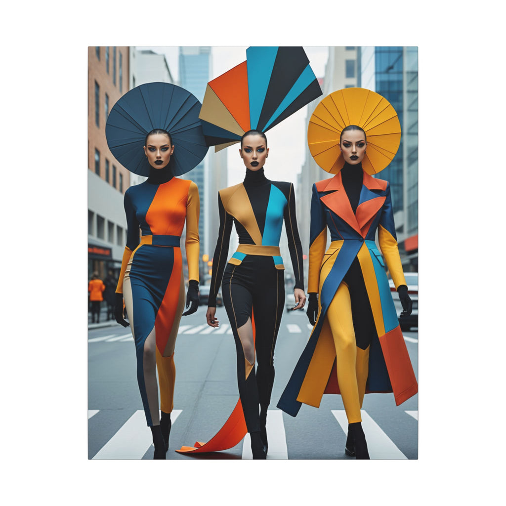 Three stylized figures in deep blue, orange, turquoise, gold, and black with oversized geometric headpieces against a softened city backdrop