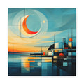 Geometric seascape at dusk with a luminous crescent moon over layered turquoise, teal, navy, cream, and glowing orange architectural shapes suggesting a waterfront city.