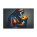 Abstract mother cradling a child in soft light, rendered with geometric planes of deep blue, amber, orange and muted gold.