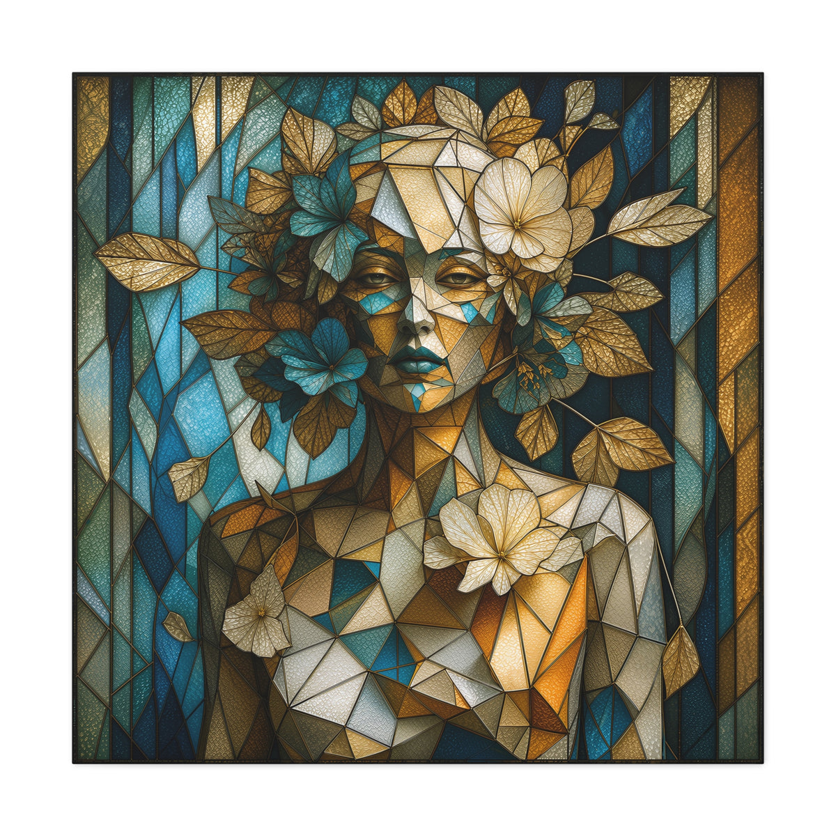 Where She Blooms — Modern Floral Stained Glass Woman Wall Art
