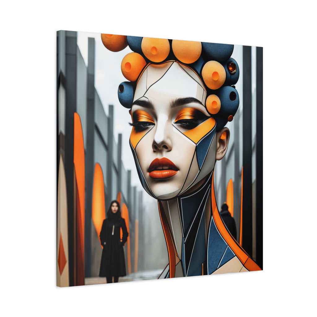 Future Icon — Futuristic Geometric Woman Portrait in Orange & Midnight Blue